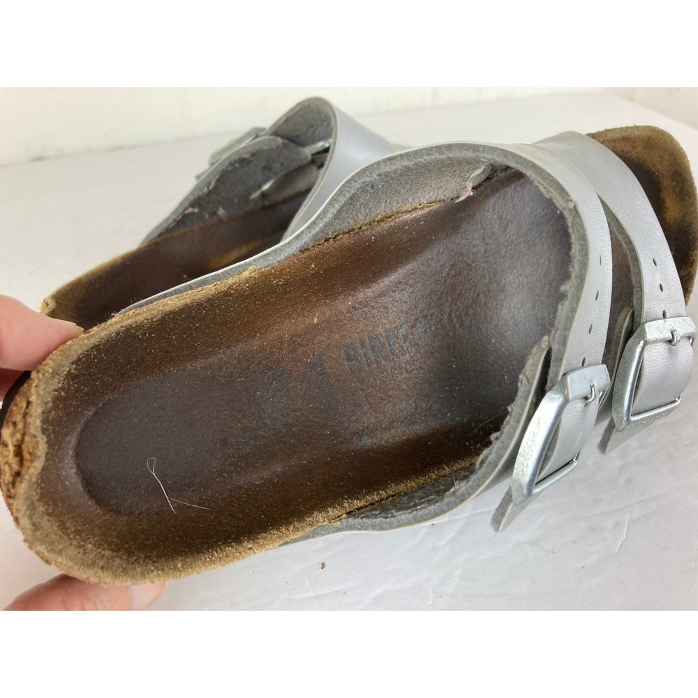 Birkenstock Arizona Sandals Womens 6 37 Silver Leather Double Strap Comfort Boho - Picture 6 of 8